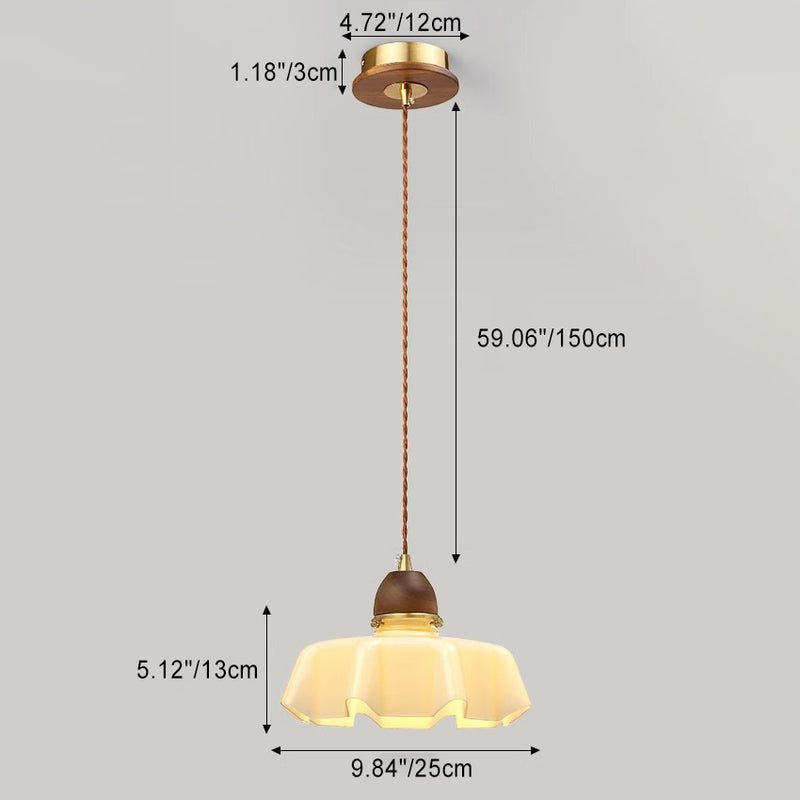 Zeitgenössische Retro Runde Blütenblatt Blumenform Holz Glas 1-Licht Pendelleuchte Für Wohnzimmer 
