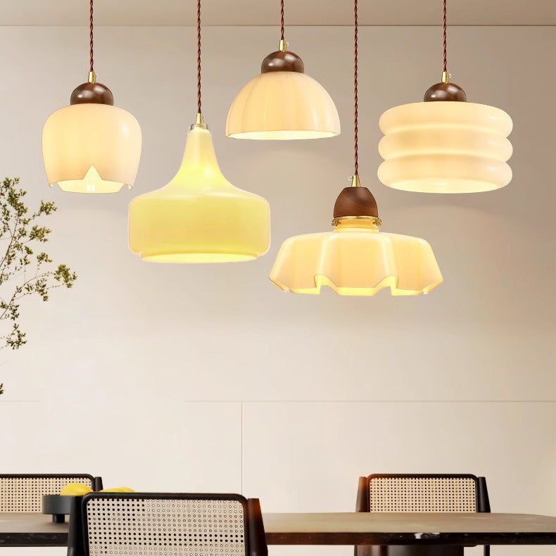 Zeitgenössische Retro Runde Blütenblatt Blumenform Holz Glas 1-Licht Pendelleuchte Für Wohnzimmer 