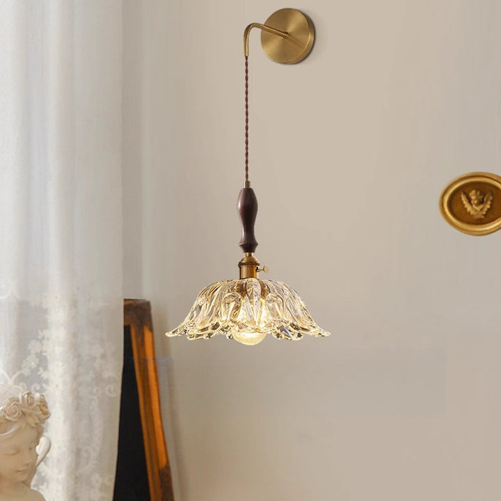 Traditional Japanese Round Dome Flower Brass Walnut Glass Shade 1-Light Wall Sconce Lamp For Living Room