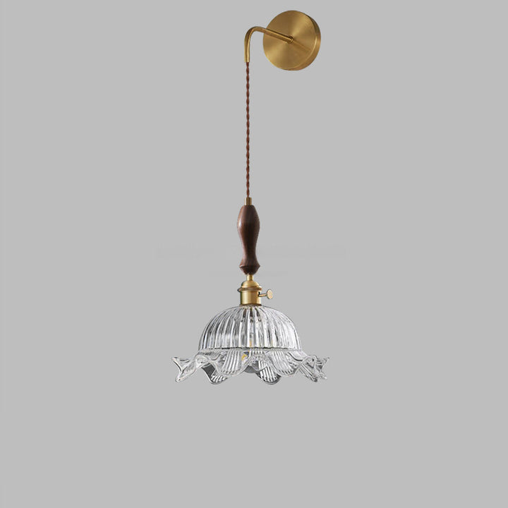 Traditional Japanese Round Dome Flower Brass Walnut Glass Shade 1-Light Wall Sconce Lamp For Living Room