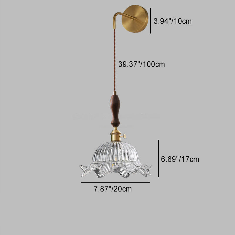 Traditional Japanese Round Dome Flower Brass Walnut Glass Shade 1-Light Wall Sconce Lamp For Living Room