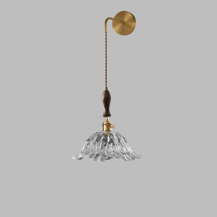 Traditional Japanese Round Dome Flower Brass Walnut Glass Shade 1-Light Wall Sconce Lamp For Living Room