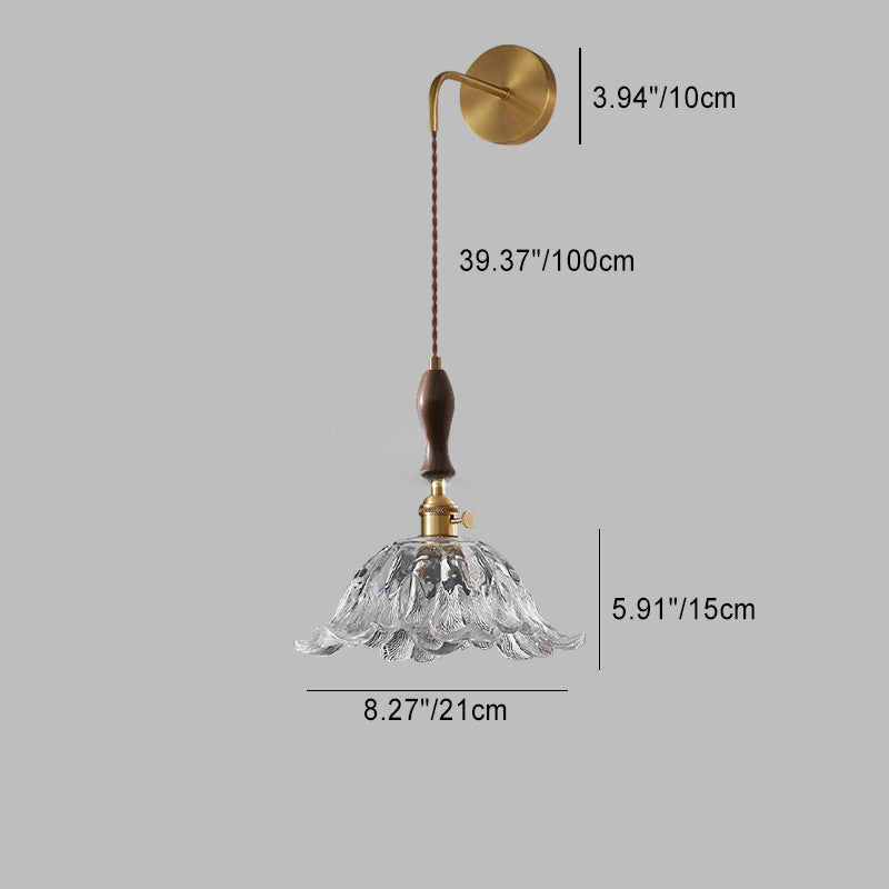 Traditional Japanese Round Dome Flower Brass Walnut Glass Shade 1-Light Wall Sconce Lamp For Living Room