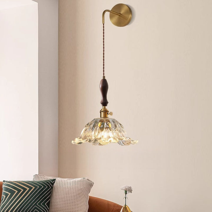 Traditional Japanese Round Dome Flower Brass Walnut Glass Shade 1-Light Wall Sconce Lamp For Living Room