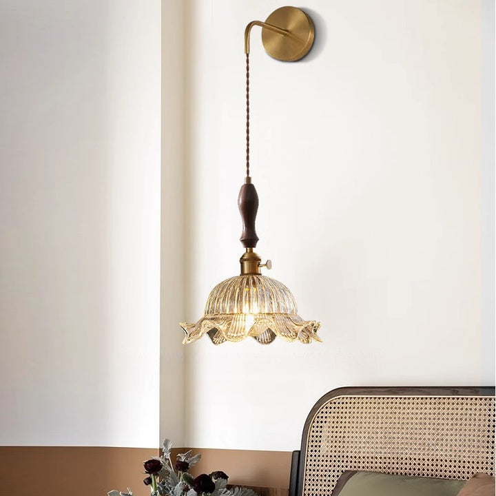 Traditional Japanese Round Dome Flower Brass Walnut Glass Shade 1-Light Wall Sconce Lamp For Living Room