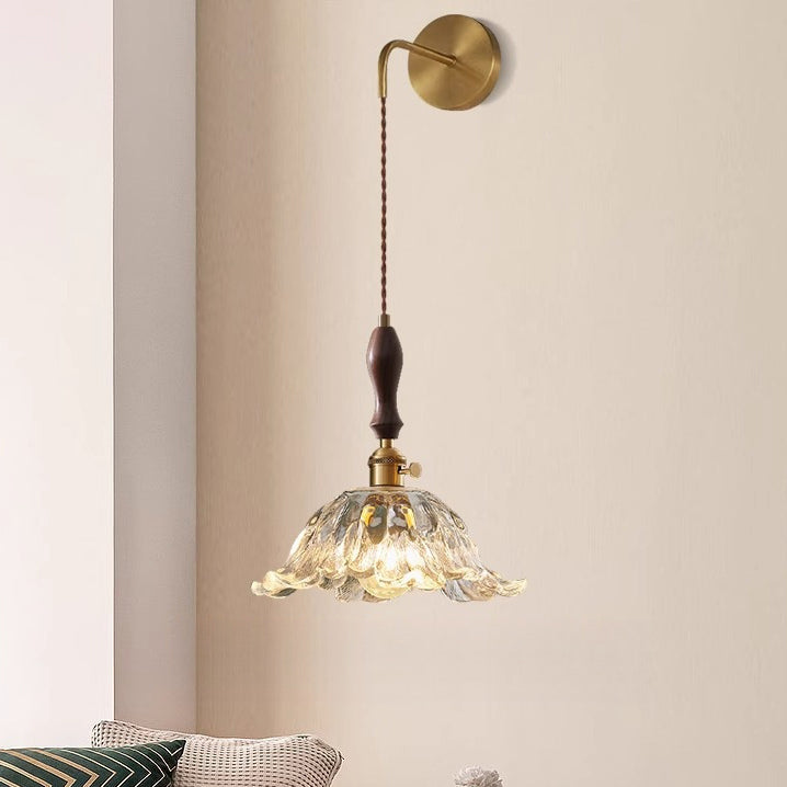 Traditional Japanese Round Dome Flower Brass Walnut Glass Shade 1-Light Wall Sconce Lamp For Living Room