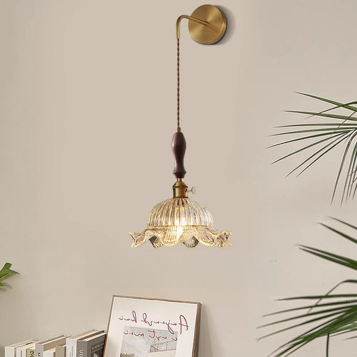 Traditional Japanese Round Dome Flower Brass Walnut Glass Shade 1-Light Wall Sconce Lamp For Living Room
