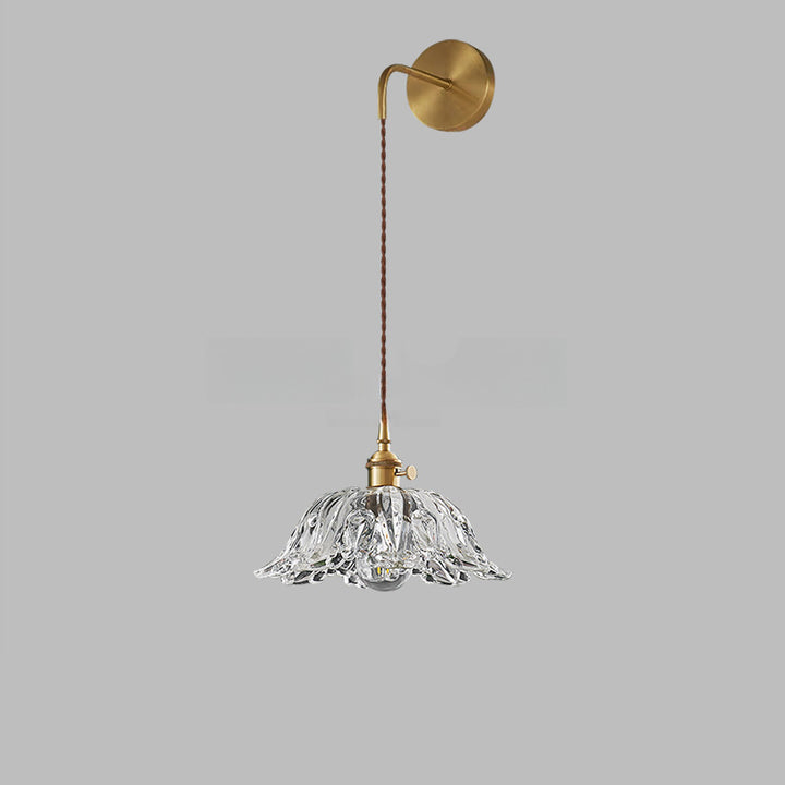 Traditional Japanese Round Dome Flower Brass Walnut Glass Shade 1-Light Wall Sconce Lamp For Living Room