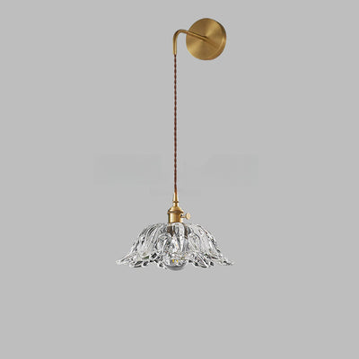 Traditional Japanese Round Dome Flower Brass Glass Shade 1-Light Wall Sconce Lamp For Living Room