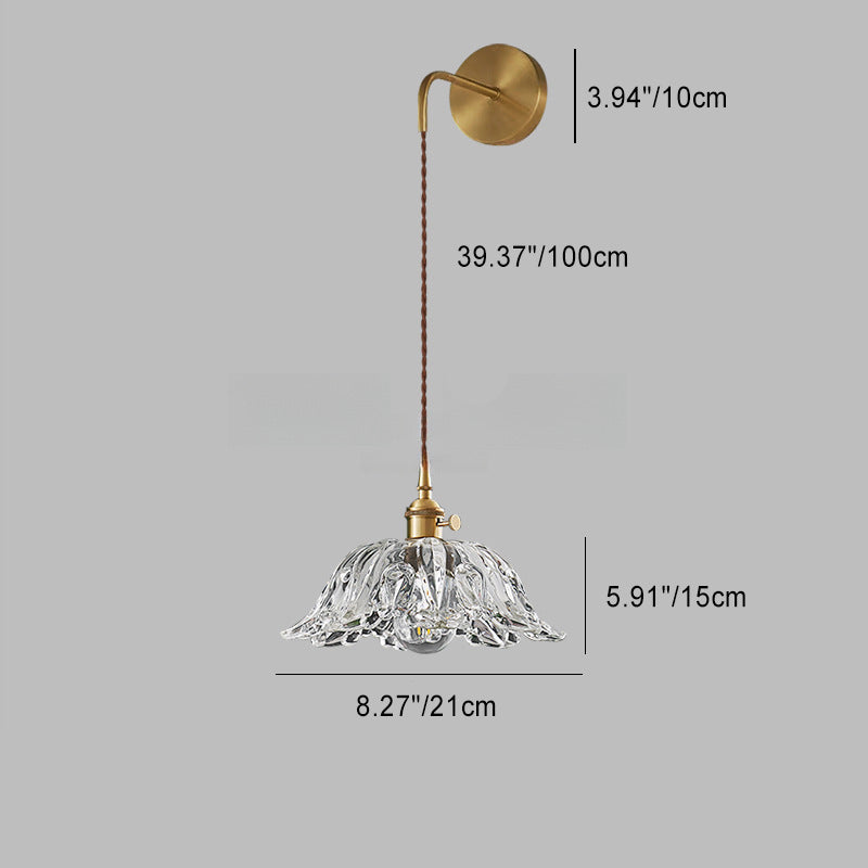 Traditional Japanese Round Dome Flower Brass Glass Shade 1-Light Wall Sconce Lamp For Living Room