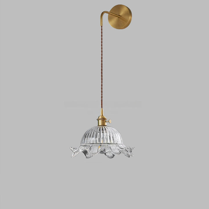 Traditional Japanese Round Dome Flower Brass Walnut Glass Shade 1-Light Wall Sconce Lamp For Living Room