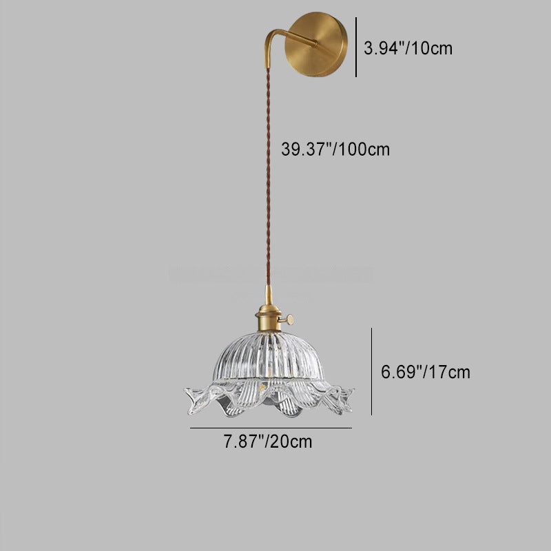 Traditional Japanese Round Dome Flower Brass Walnut Glass Shade 1-Light Wall Sconce Lamp For Living Room
