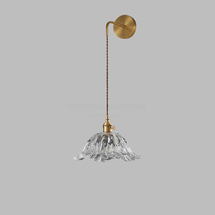 Traditional Japanese Round Dome Flower Brass Walnut Glass Shade 1-Light Wall Sconce Lamp For Living Room
