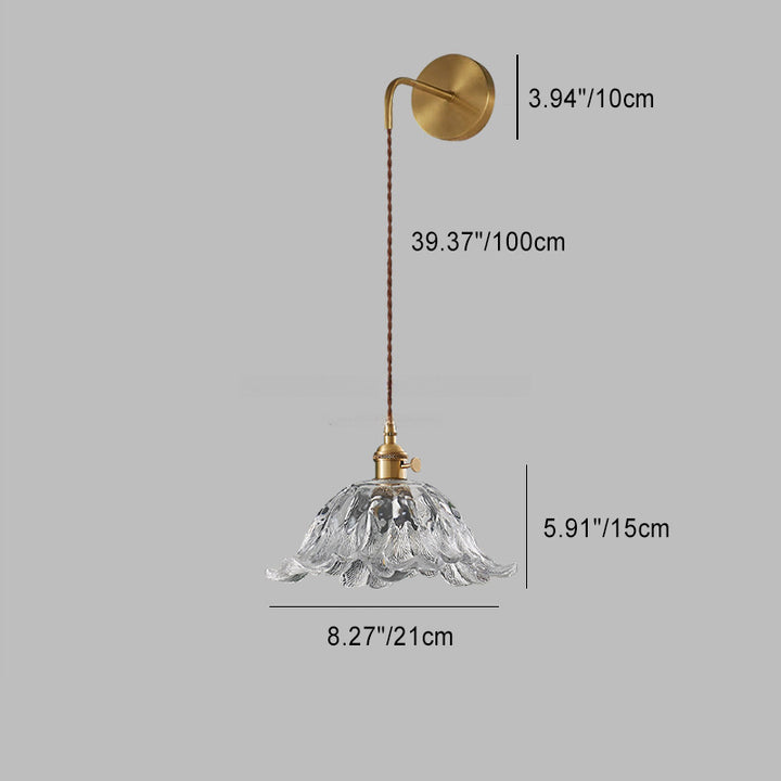 Traditional Japanese Round Dome Flower Brass Walnut Glass Shade 1-Light Wall Sconce Lamp For Living Room