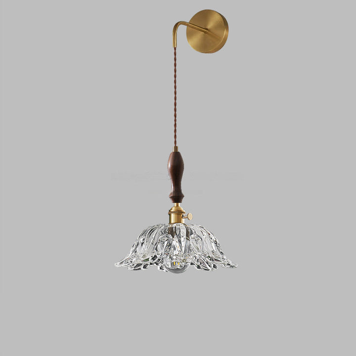 Traditional Japanese Round Dome Flower Brass Walnut Glass Shade 1-Light Wall Sconce Lamp For Living Room