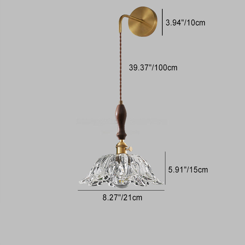Traditional Japanese Round Dome Flower Brass Walnut Glass Shade 1-Light Wall Sconce Lamp For Living Room
