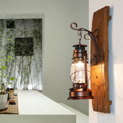 Traditional Rustic Rectangular Wood Grain Kerosene Lamp Iron Glass Shade 1-Light Wall Sconce Lamp For Living Room