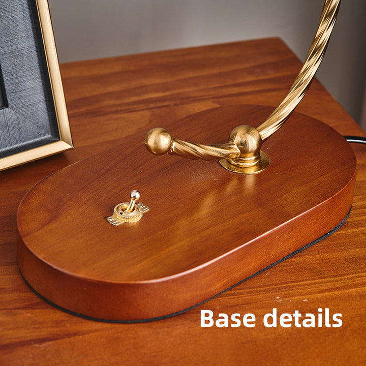 Traditional Vintage Oval Wooden Base Metal Flower Glass Shade 1-Light Table Lamp For Bedroom