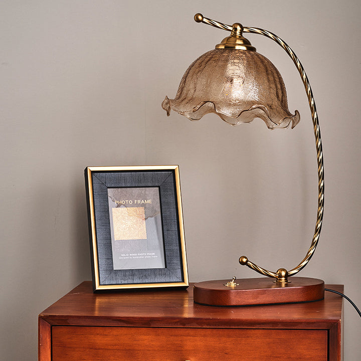 Traditional Vintage Oval Wooden Base Metal Flower Glass Shade 1-Light Table Lamp For Bedroom