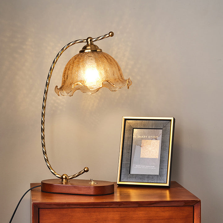 Traditional Vintage Oval Wooden Base Metal Flower Glass Shade 1-Light Table Lamp For Bedroom