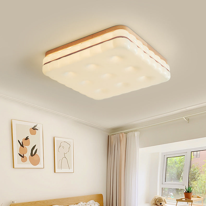Contemporary Creative Round Square Rectangle Cookie Rubberwood Acrylic LED Flush Mount Ceiling Light For Living Room