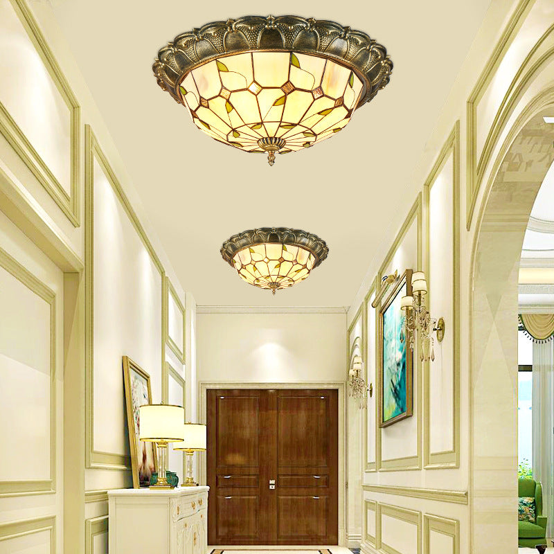 Traditional European Round Dome Leaf Iron Glass LED Flush Mount Ceiling Light For Living Room
