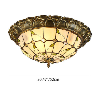 Traditional European Round Dome Leaf Iron Glass LED Flush Mount Ceiling Light For Living Room