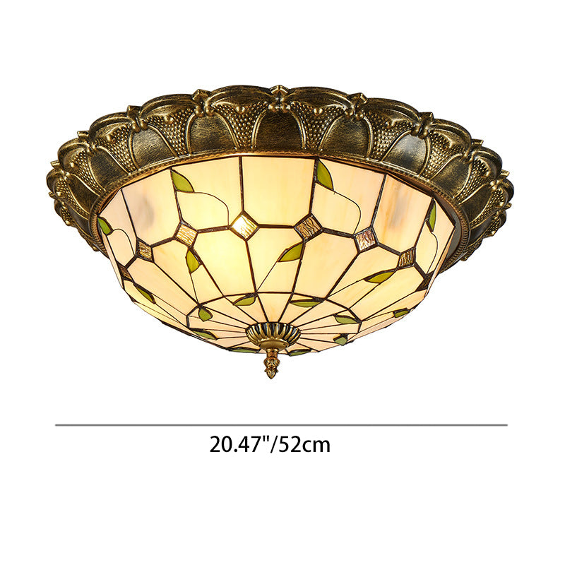 Traditional European Round Dome Leaf Iron Glass LED Flush Mount Ceiling Light For Living Room
