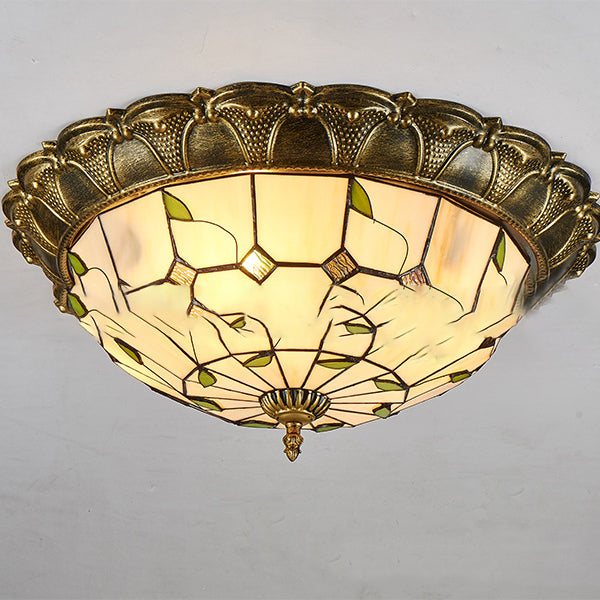 Traditional European Round Dome Leaf Iron Glass LED Flush Mount Ceiling Light For Living Room