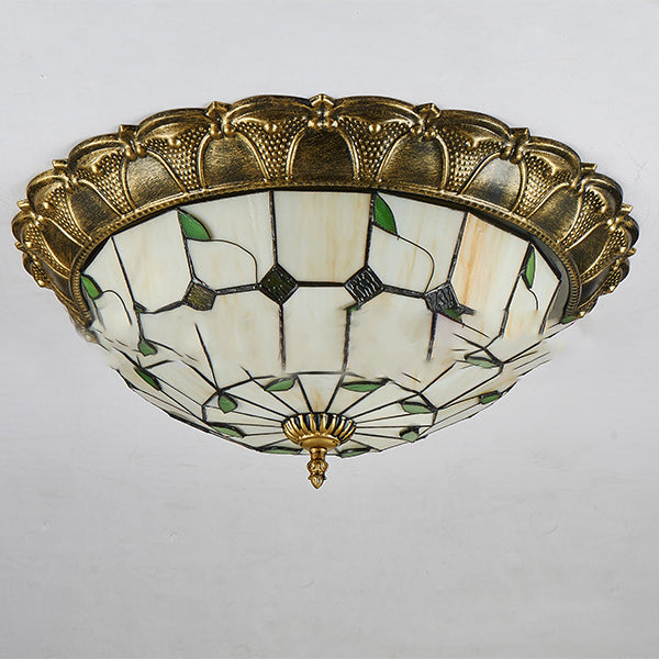 Traditional European Round Dome Leaf Iron Glass LED Flush Mount Ceiling Light For Living Room