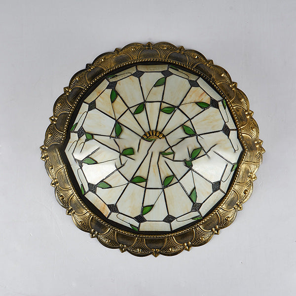 Traditional European Round Dome Leaf Iron Glass LED Flush Mount Ceiling Light For Living Room