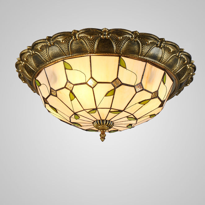 Traditional European Round Dome Leaf Iron Glass LED Flush Mount Ceiling Light For Living Room
