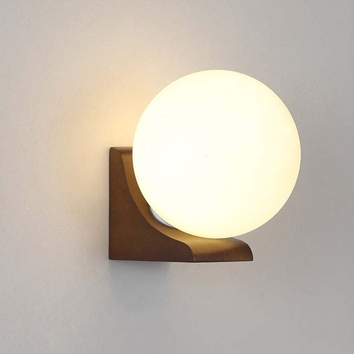 Modern Minimalist Globe Rubberwood Glass 1-Light Wall Sconce Lamp For Living Room
