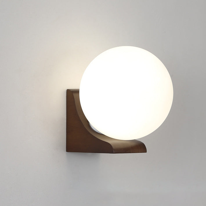 Modern Minimalist Globe Rubberwood Glass 1-Light Wall Sconce Lamp For Living Room
