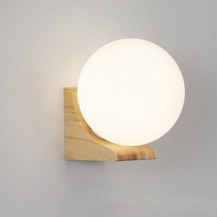Modern Minimalist Globe Rubberwood Glass 1-Light Wall Sconce Lamp For Living Room