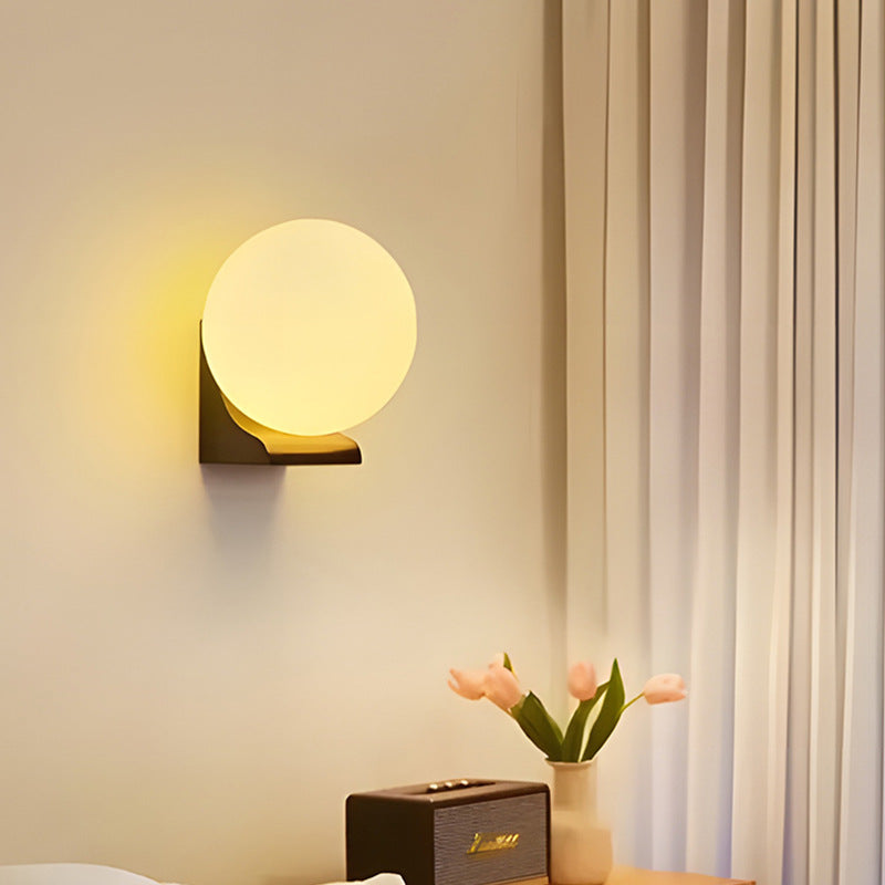 Modern Minimalist Globe Rubberwood Glass 1-Light Wall Sconce Lamp For Living Room
