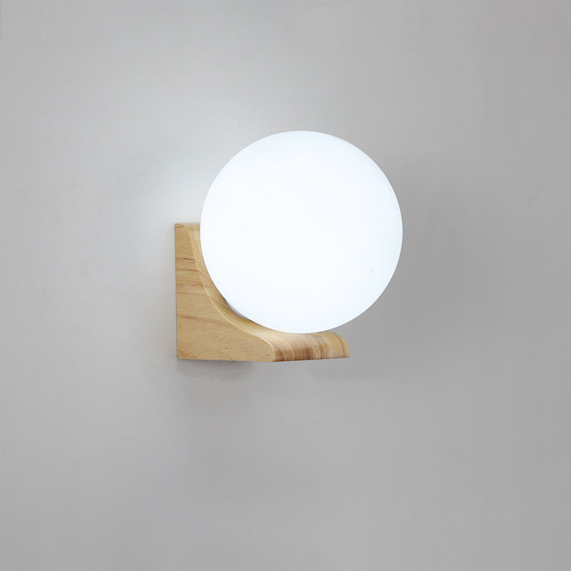 Modern Minimalist Globe Rubberwood Glass 1-Light Wall Sconce Lamp For Living Room