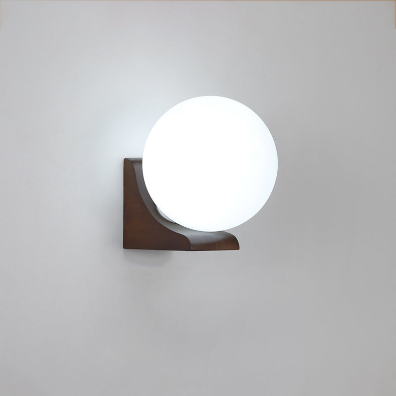 Modern Minimalist Globe Rubberwood Glass 1-Light Wall Sconce Lamp For Living Room