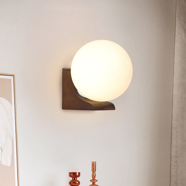 Modern Minimalist Globe Rubberwood Glass 1-Light Wall Sconce Lamp For Living Room