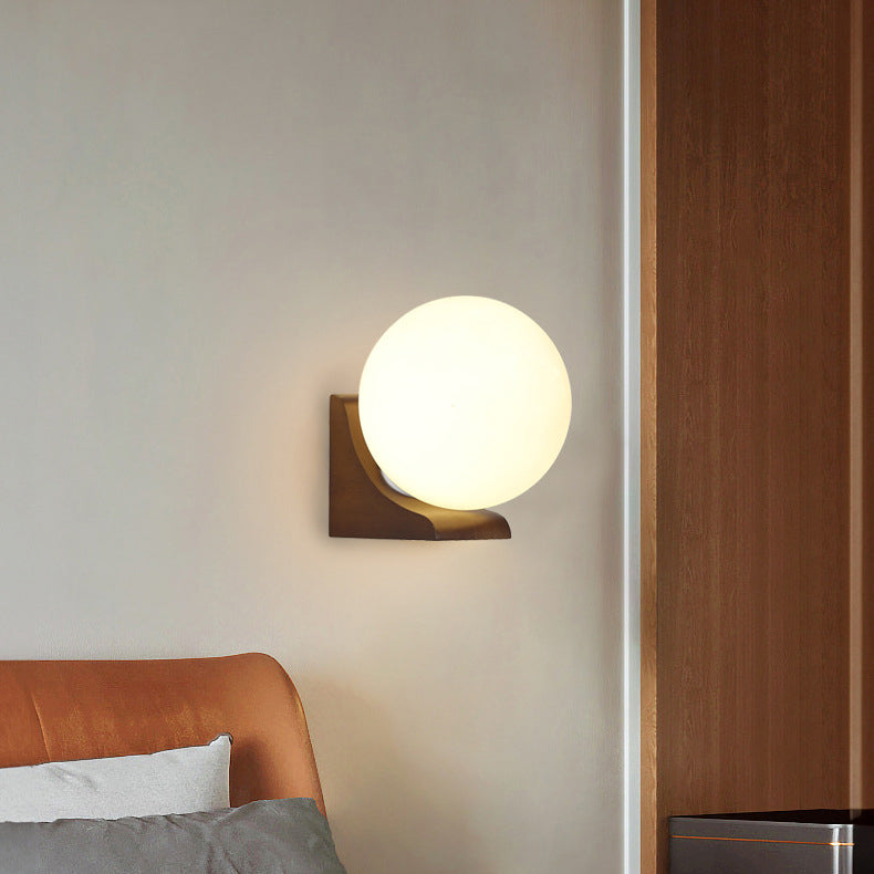 Modern Minimalist Globe Rubberwood Glass 1-Light Wall Sconce Lamp For Living Room