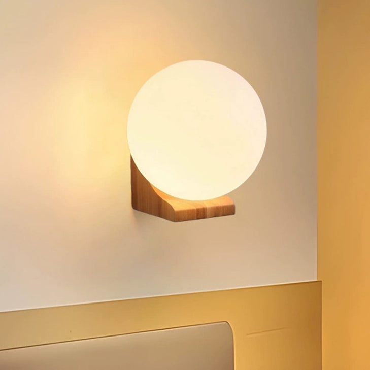 Modern Minimalist Globe Rubberwood Glass 1-Light Wall Sconce Lamp For Living Room
