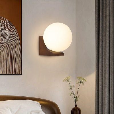Modern Minimalist Globe Rubberwood Glass 1-Light Wall Sconce Lamp For Living Room