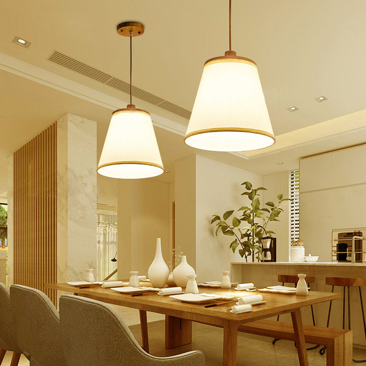 Contemporain Cylindre Rond Nordique Abat-jour en Tissu en Bois Suspension 1 Lumière Pour Salon 