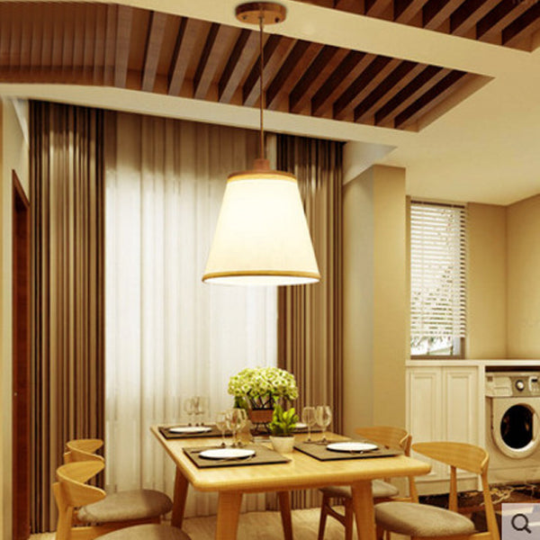 Contemporary Nordic Round Cylinder Wooden Fabric Shade 1-Light Pendant Light For Living Room
