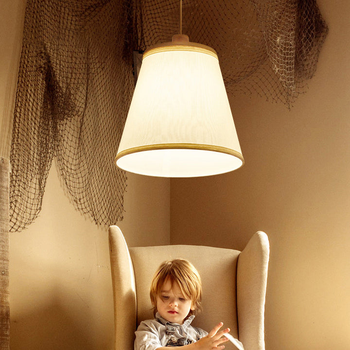 Contemporain Cylindre Rond Nordique Abat-jour en Tissu en Bois Suspension 1 Lumière Pour Salon 