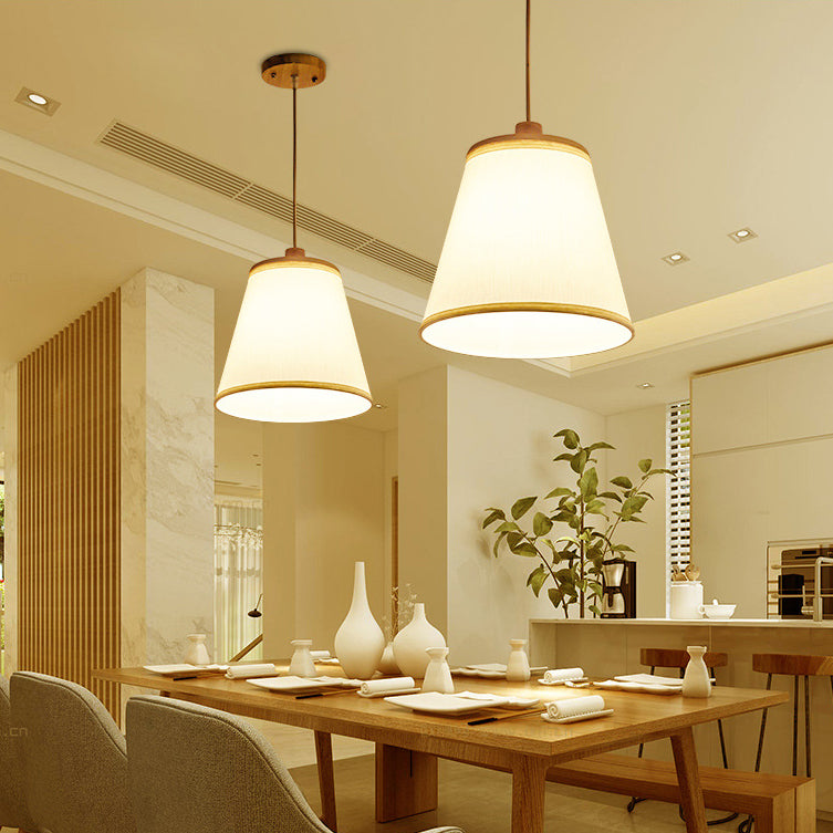 Contemporain Cylindre Rond Nordique Abat-jour en Tissu en Bois Suspension 1 Lumière Pour Salon 