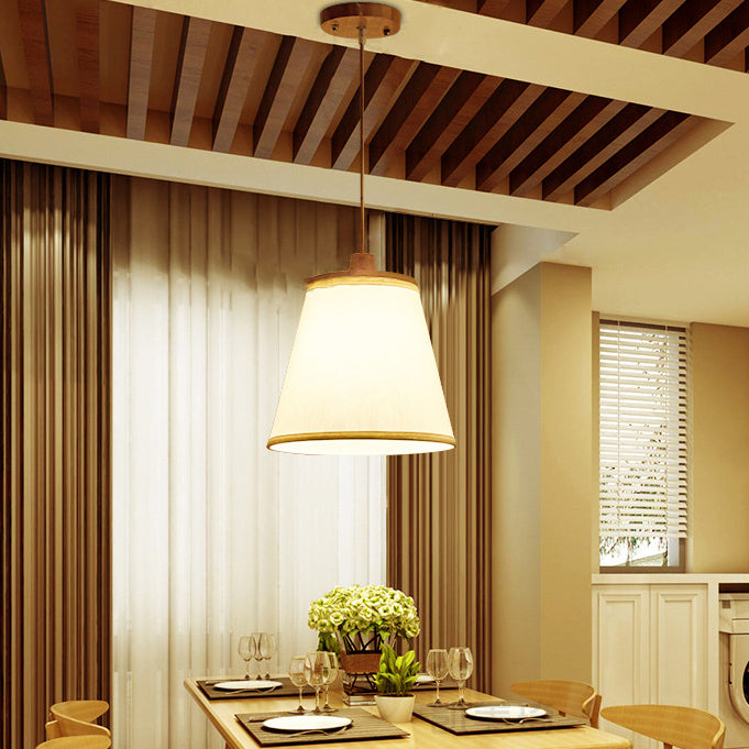 Contemporain Cylindre Rond Nordique Abat-jour en Tissu en Bois Suspension 1 Lumière Pour Salon 
