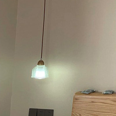 Traditional Japanese Round Cup Shape Wood Glass 1-Light Pendant Light For Living Room