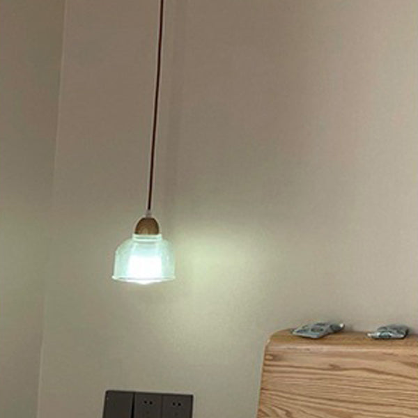 Traditional Japanese Round Cup Shape Wood Glass 1-Light Pendant Light For Living Room