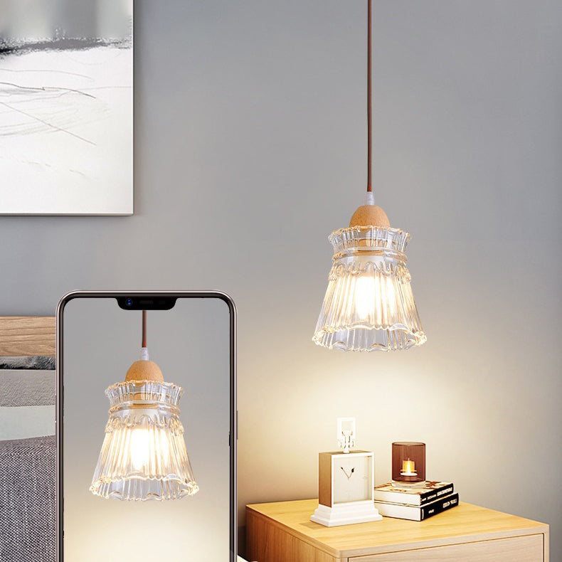 Traditional Japanese Round Cup Shape Wood Glass 1-Light Pendant Light For Living Room